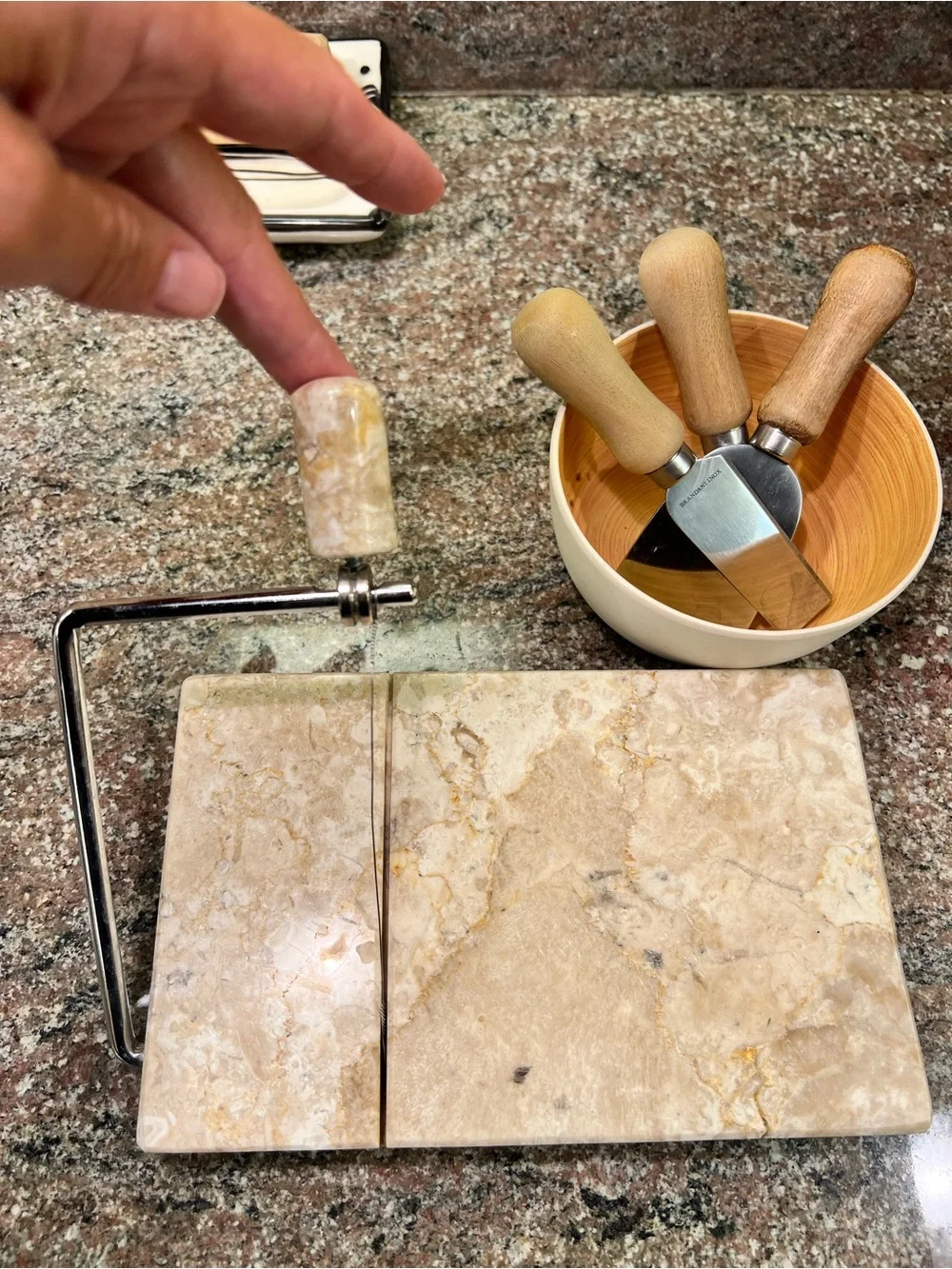 Wood-Handled Cheese Knife Set and marble slicer